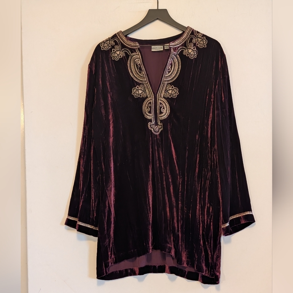 Chico's 3 Burgundy Silk Blend Velvet Tunic Beaded Embroidered Long Sleeve Top